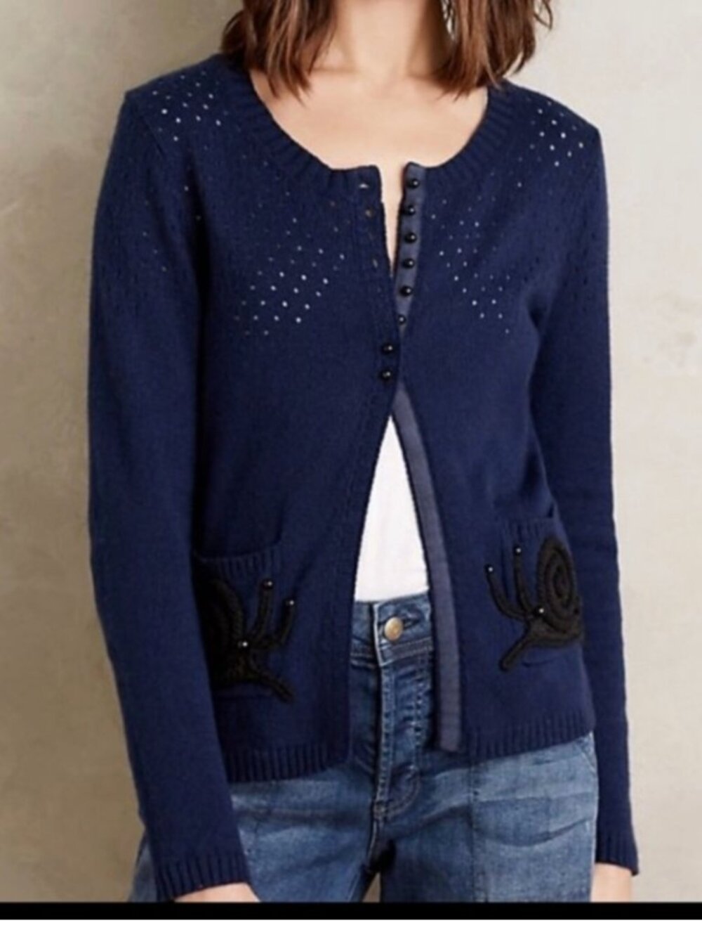 Anthropologie Moth Embroidered Snail Pocket Cardigan L Navy Cashmere Cottage